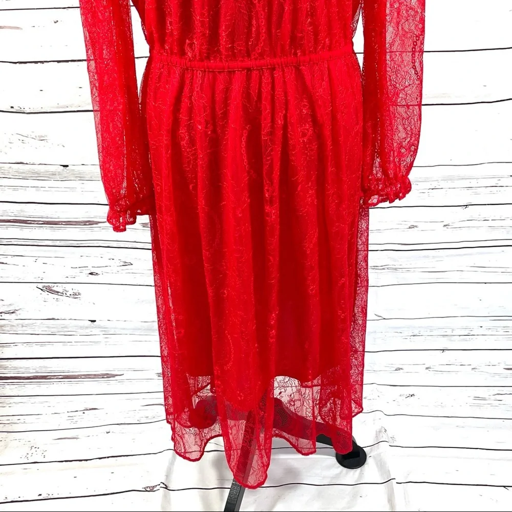 Banana Republic Women's Lace Dress Long Sleeve  Midi Semi Sheer Red Size M - Picture 3 of 10